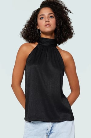 Kadın Yazlık Bluz Halter Yaka Pilise Dokuma Regular Kalıp Polyester Kumaş