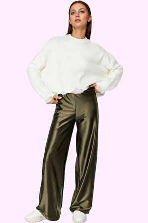 Kadın Saten Geniş Paça Pantolon Yüksek Bel Casual Uzun Boy Rahat Yaz Aylarının Vazgeçilmezi