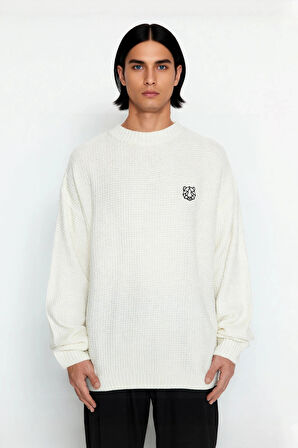 Erkek Geniş Kalıp Oversize Fit Bisiklet Yaka Nakış Detaylı Triko Kazak Serin Havalar İçin Kaliteli