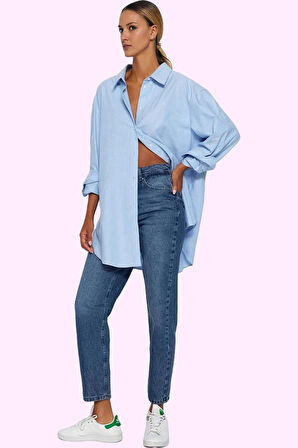 Kadın Pamuk Mom Jean Denim Pantolon Yüksek Bel Regular Boy Günlük Kullanım Kaliteli Malzeme