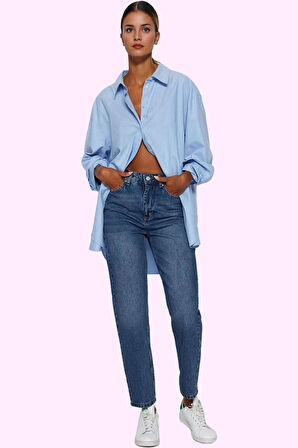 Kadın Pamuk Mom Jean Denim Pantolon Yüksek Bel Regular Boy Günlük Kullanım Kaliteli Malzeme