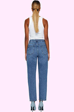 Kadın Pamuk Mom Jean Denim Pantolon Yüksek Bel Regular Boy Günlük Kullanım Kaliteli Malzeme