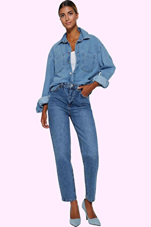 Kadın Pamuk Mom Jean Denim Pantolon Yüksek Bel Regular Boy Günlük Kullanım Kaliteli Malzeme