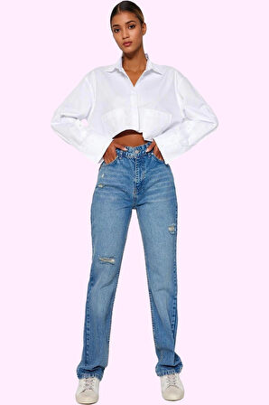 Kadın Yırtık Detaylı Straight Jean Pamuk Günlük ve Şık Kombinler Yaz Aylarının Vazgeçilmezi