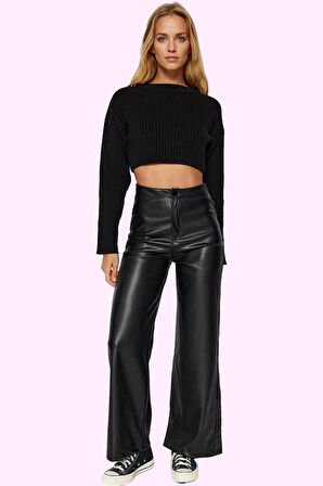 Kadın Yüksek Bel Geniş Paça Örme Pantolon Suni Deri Günlük Şıklık Yaz Aylarının Vazgeçilmezi