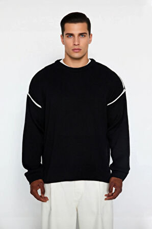 Erkek Oversize Fit Geniş Kalıp Bisiklet Yaka Düşük Kol Biye Detaylı Triko Kazak Günlük Şıklık