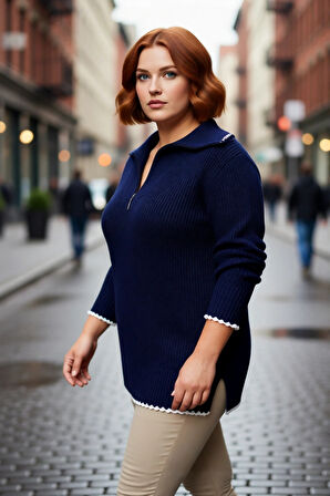 Kadın Geniş Kalıp Fermuarlı Dik Yaka Düşük Kol Akrilik Selanik Triko Kazak Günlük Şıklığınızı