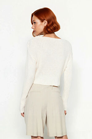 Kadın Basic Siluet Uzun Kollu Crop Akrilik Triko Kazak Regular Kalıp V Yaka Günlük Şıklık Kaliteli