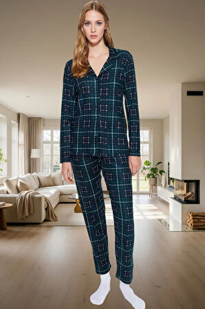 Evde Rahatlık İçin Ekose Desenli Örme Pijama Takımı Uzun Paça Kol Modern Stil Özenle Seçilmiş
