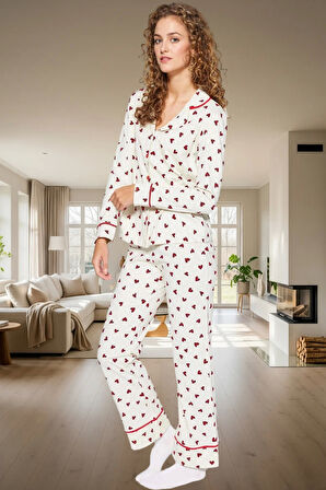 Pamuklu Kalpli Pijama Takımı Regular Kalıp Uzun Kollu Kışlık Trend Tasarım Dayanıklı Malzeme