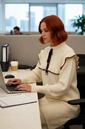 Kadın Selanik Dokuma Dik Yaka Düşük Kollu Biyeli Saç Örgü Detaylı Kışlık Triko Tunik Kaliteli