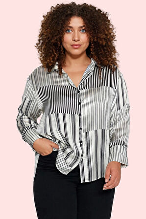 Kadın Çok Çizgili Dokuma Gömlek Regular Kalıp Uzun Kollu Nefes Alan Kumaş Günlük Kombinler