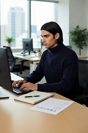 Erkek Regular Kesim Kışlık Triko Kazak Fermuarlı Dik Yaka Saç Örgü Uzun Kollu Rahat Kaliteli