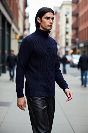 Erkek Regular Kesim Kışlık Triko Kazak Fermuarlı Dik Yaka Saç Örgü Uzun Kollu Rahat Kaliteli