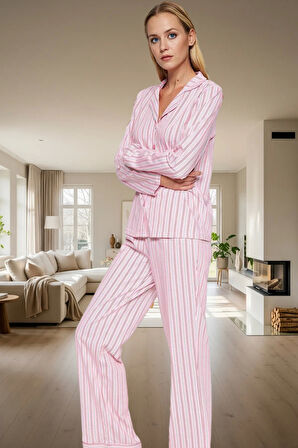 Rahat Kışlık Pijama Takımı Pamuklu Çizgili Uzun Kollu Regular Seçkin Malzeme Zarifane Tasarım