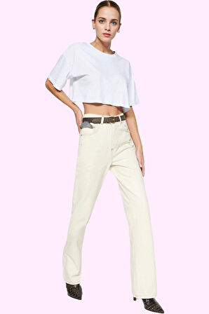 Kadın Pamuk Denim Pantolon Yüksek Bel Geniş Paça Yazlık Model Günlük Kullanım Modern Tasarım