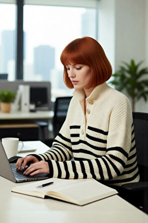 Kadın Basic Çizgili Oversize Dik Yaka Triko Kazak Uzun Kollu Crop Rahat Sonbahar Kış Kaliteli