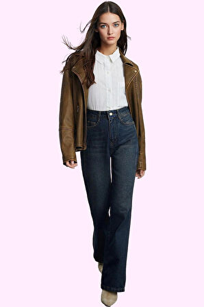 Kadın Pamuklu Jean Pantolon Yüksek Bel Geniş Paça Günlük ve Rahat Kullanım Kaliteli Malzeme