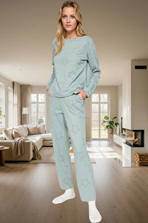 Yumuşak Pamuklu Yıldızlı Pijama Takımı Regular Kalıp Uzun Ömürlü Yüksek Kalite
