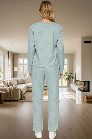 Yumuşak Pamuklu Yıldızlı Pijama Takımı Regular Kalıp Uzun Ömürlü Yüksek Kalite
