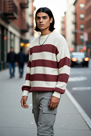 Erkek Basic Koleksiyon Uzun Kollu Rahat Çizgili Bisiklet Yaka Akrilik Oversize Triko Kazak