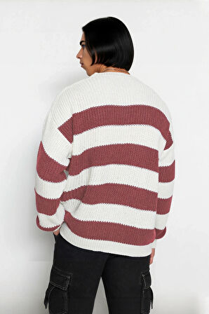 Erkek Basic Koleksiyon Uzun Kollu Rahat Çizgili Bisiklet Yaka Akrilik Oversize Triko Kazak