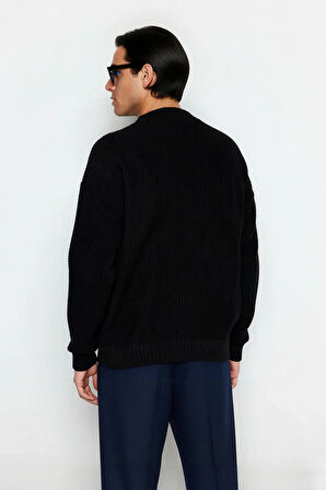 Erkek Geniş Kalıp Oversize Fit Bisiklet Yaka Nakış Detaylı Triko Kazak Serin Havalar İçin Kaliteli