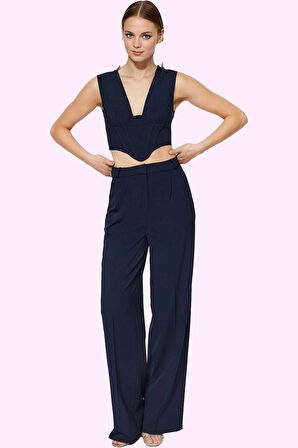 Kadın Geniş Paça Poliviskon Dokuma Pantolon Yüksek Bel Regular Boy Tüm Sezonlar Günlük Kullanım