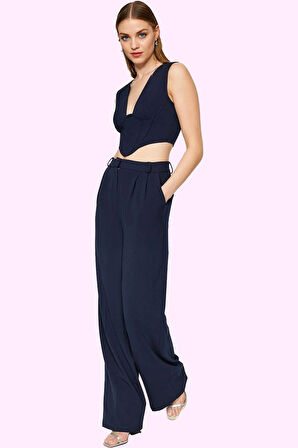 Kadın Geniş Paça Poliviskon Dokuma Pantolon Yüksek Bel Regular Boy Tüm Sezonlar Günlük Kullanım