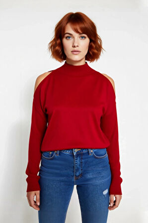 Kadın Şık Relaxed Kalıp Dik Yaka Uzun Kollu Omzu Açık Detaylı Tarz Akrilik Triko Kazak Kaliteli