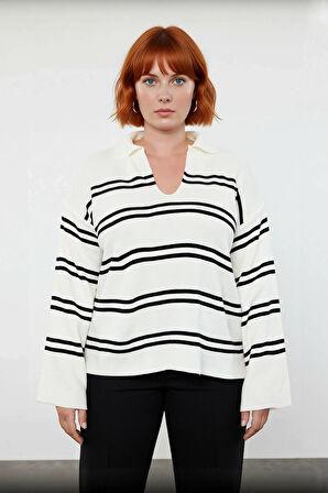 Kadın Polo Yaka Çizgili Akrilik Triko Kazak Relaxed Kalıbı Sayesinde Soğuk Havalara Şıklık Katıyor