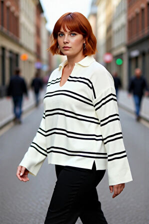Kadın Polo Yaka Çizgili Akrilik Triko Kazak Relaxed Kalıbı Sayesinde Soğuk Havalara Şıklık Katıyor