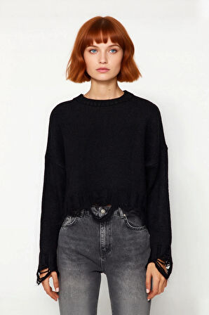 Kadın Casual Crop Oversize Bisiklet Yaka Triko Kazak Düşük Kol Akıtma Detaylı Konforlu Şık