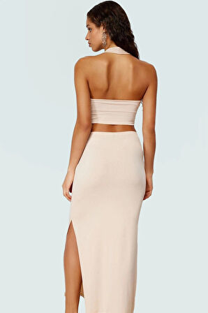 Örme Plaj Takımı Vücuda Oturan V Yaka Kolsuz Uzun Etek Seçkin Malzeme Yüksek Kalite