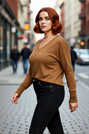 Kadın Düz Desen Regular Kalıp Triko V Yaka Kazak Uzun Kollu Ve Şık Düğme Detayları İle Kaliteli