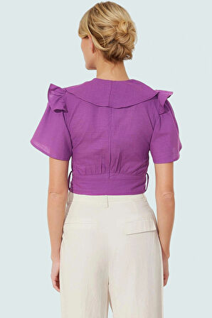 Fitted V Yaka Bluz Kısa Kollu Flamlı Pamuk Günlük Şıklık Şık Görünüm Seçkin Malzeme