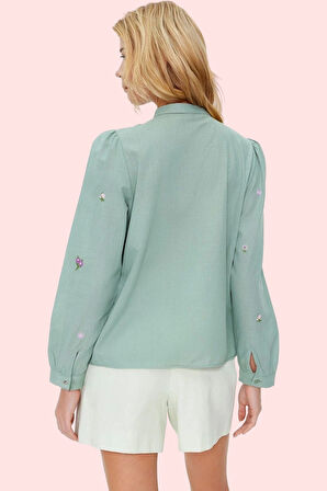 Kadın Pamuklu Flamlı Dokuma Gömlek Dik Yaka Günlük Casual Stil Hafta Sonu Kaliteli Malzeme