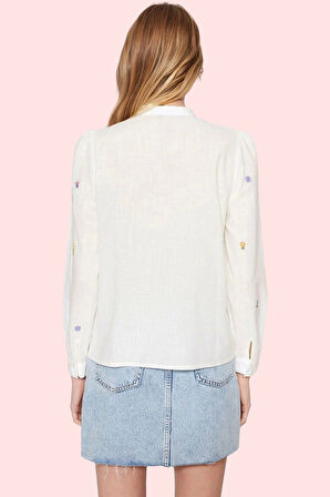 Kadın Pamuklu Flamlı Dokuma Gömlek Dik Yaka Günlük Casual Stil Hafta Sonu Kaliteli Malzeme