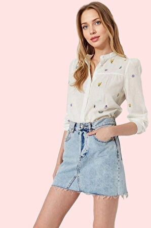 Kadın Pamuklu Flamlı Dokuma Gömlek Dik Yaka Günlük Casual Stil Hafta Sonu Kaliteli Malzeme