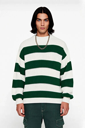 Erkek Basic Koleksiyon Uzun Kollu Rahat Çizgili Bisiklet Yaka Akrilik Oversize Triko Kazak