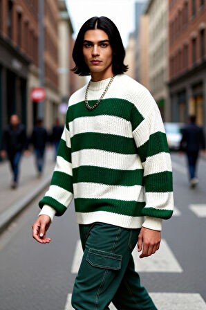 Erkek Basic Koleksiyon Uzun Kollu Rahat Çizgili Bisiklet Yaka Akrilik Oversize Triko Kazak