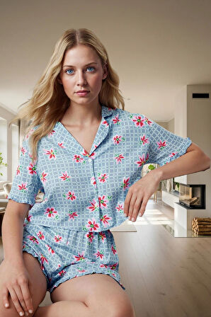 Çiçekli Desenli Viskoz Pijama Takımı; Rahat Şık Yazlık Kullanım Ve Özenle Seçilmiş