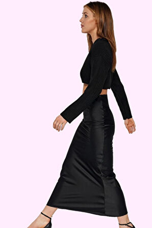 Kadın Şık Balık Kesim Etek A line Siluet Saten Dokuma Kemer Detaylı Yaz Aylarının Vazgeçilmezi