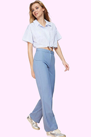 Kadın Straight Düz Kesim Uzun Pantolon; Yüksek Bel Dokuma Kumaş Günlük Yaz Aylarının Vazgeçilmezi