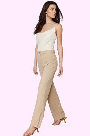 Kadın Straight Düz Kesim Uzun Pantolon; Yüksek Bel Dokuma Kumaş Günlük Yaz Aylarının Vazgeçilmezi