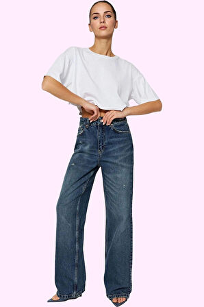 Kadın Pamuk Denim Jean Yüksek Bel Geniş Paça Günlük ve Şık Hafta Sonu Yaz Aylarının Vazgeçilmezi