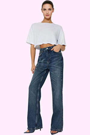 Kadın Pamuk Denim Jean Yüksek Bel Geniş Paça Günlük ve Şık Hafta Sonu Yaz Aylarının Vazgeçilmezi
