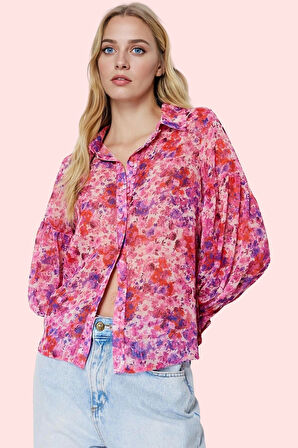 Kadın Şifon Gömlek Çiçek Desenli Balon Kol Günlük Ve İş Hayatı Hafta Sonu Kaliteli Malzeme