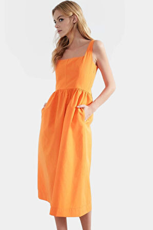 Dokuma Midi Elbise Skater Kalıp Kolsuz Belden Kaliteli İşçilik Rahat Ve Şık