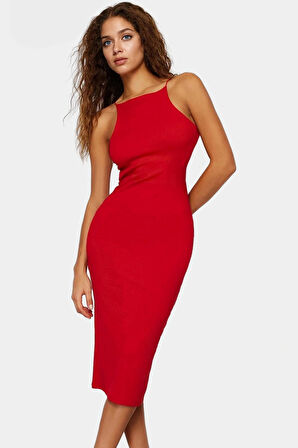 Esnek Pamuklu Midi Elbise Halter Yaka Bodycon Yazlık Özel Tasarım Profesyonel Görünüm